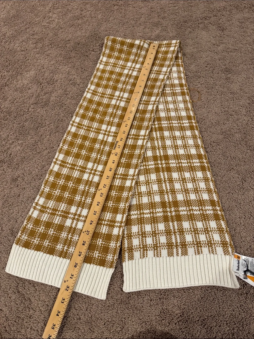 Timberland unisex scarf Plaid Knit Scarf with Ribbed Edge - White & Mustard NEW